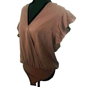 Balletcore Faux Wrap Bodysuit Top Women's Medium Flutter Sleeve Romantic Blouse
